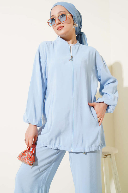 Zweiteiliger Anzug mit Seitentasche und Reißverschluss, Babyblau