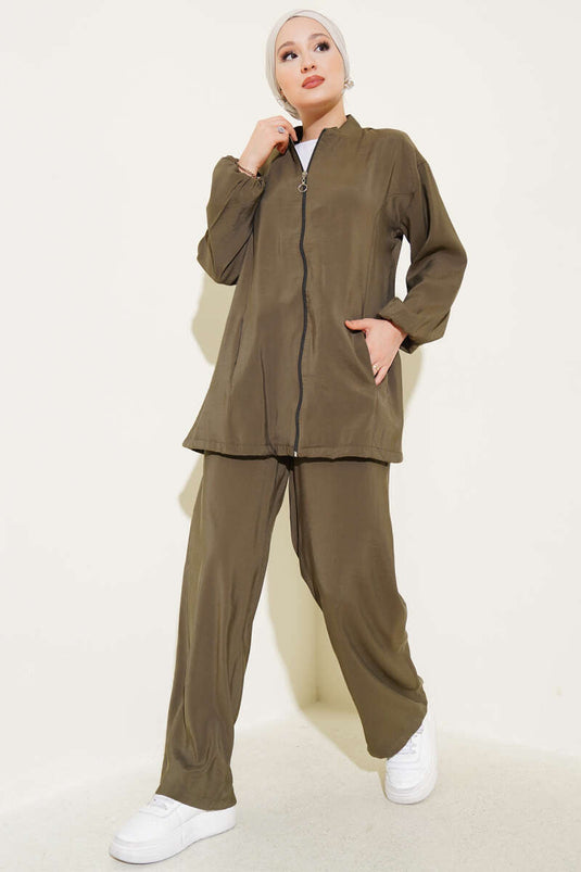 Zippered Side Pocket Two Piece Suit Khaki