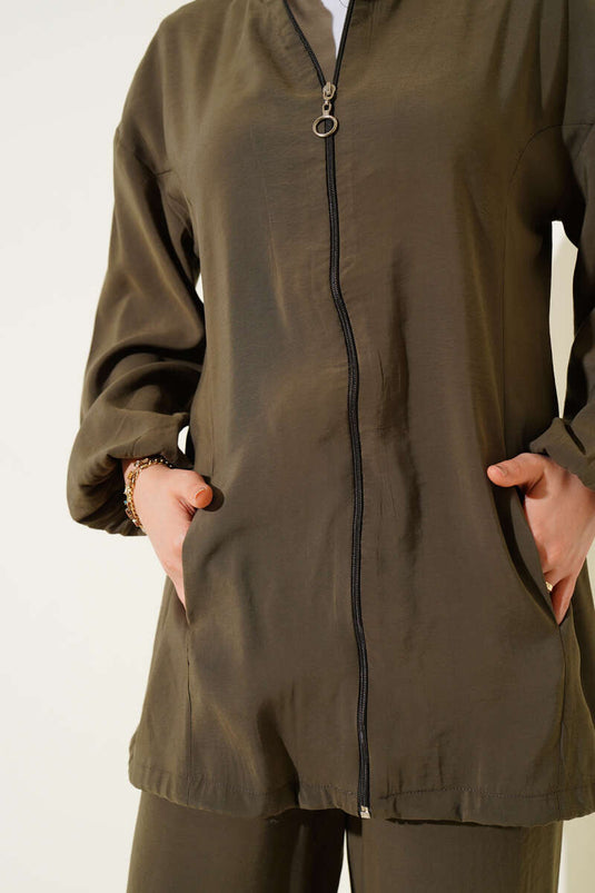 Zippered Side Pocket Two Piece Suit Khaki