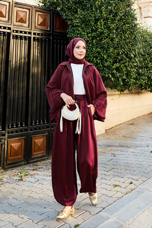 بدلة كاجوال من قطعتين بأكمام خفاش وسحاب، لون عنابي