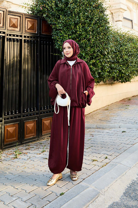 بدلة كاجوال من قطعتين بأكمام خفاش وسحاب، لون عنابي