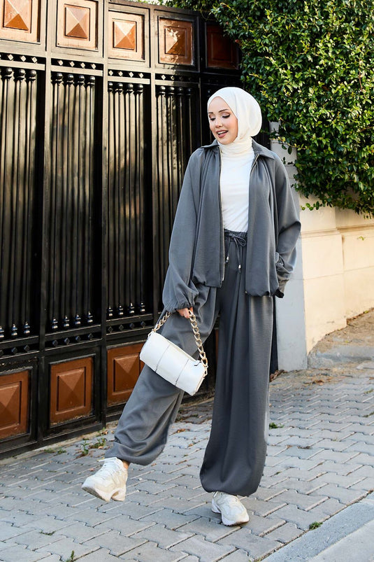 Costume deux pièces ample à manches chauve-souris et fermeture éclair, gris