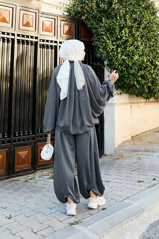 Costume deux pièces ample à manches chauve-souris et fermeture éclair, gris