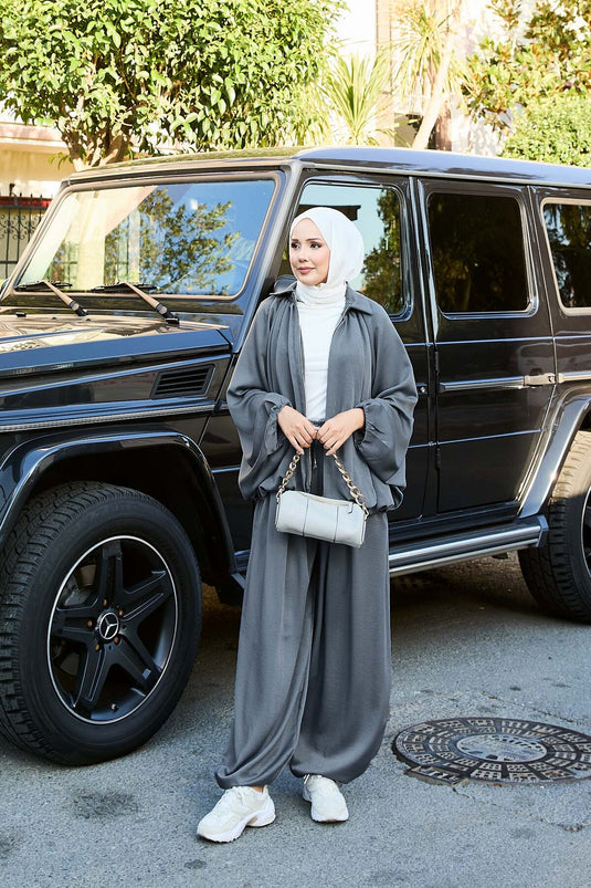 Costume deux pièces ample à manches chauve-souris et fermeture éclair, gris