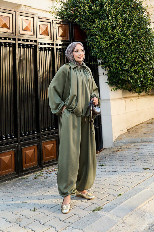 Costume deux pièces décontracté à manches chauve-souris et fermeture éclair, kaki