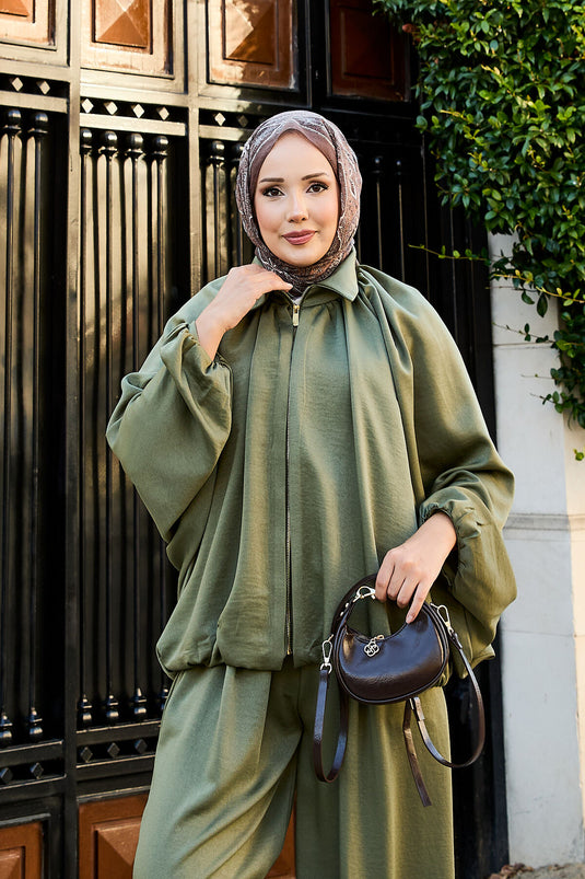 بدلة كاجوال من قطعتين بأكمام خفاش وسحاب، لون كاكي