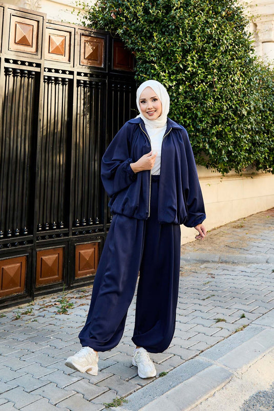 بدلة فضفاضة من قطعتين بأكمام خفاش وسحاب، أزرق داكن