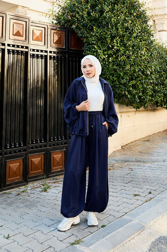 Costume deux pièces ample à manches chauve-souris et fermeture éclair, bleu marine