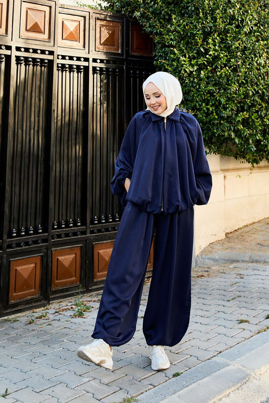 Costume deux pièces ample à manches chauve-souris et fermeture éclair, bleu marine