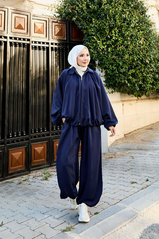 Costume deux pièces ample à manches chauve-souris et fermeture éclair, bleu marine