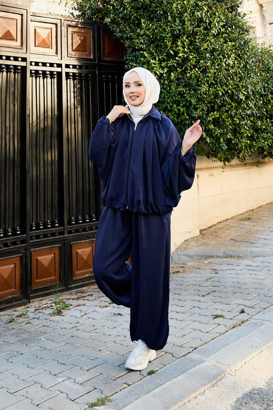 Costume deux pièces ample à manches chauve-souris et fermeture éclair, bleu marine