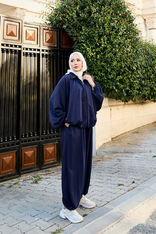 Costume deux pièces ample à manches chauve-souris et fermeture éclair, bleu marine