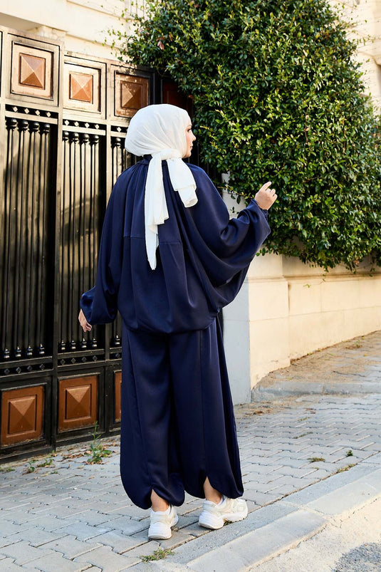 Costume deux pièces ample à manches chauve-souris et fermeture éclair, bleu marine