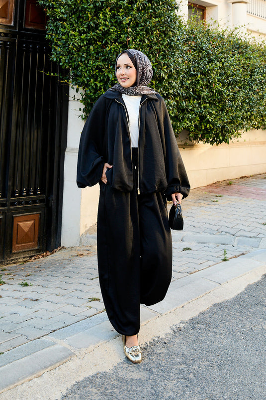 Costume deux pièces ample à manches chauve-souris et fermeture éclair, noir