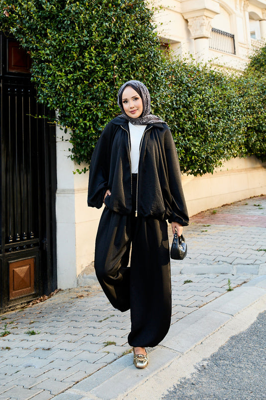 Costume deux pièces ample à manches chauve-souris et fermeture éclair, noir