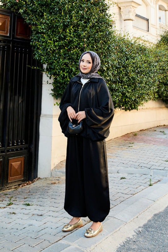 Costume deux pièces ample à manches chauve-souris et fermeture éclair, noir