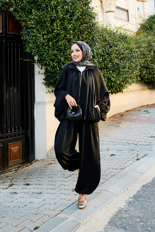 Costume deux pièces ample à manches chauve-souris et fermeture éclair, noir