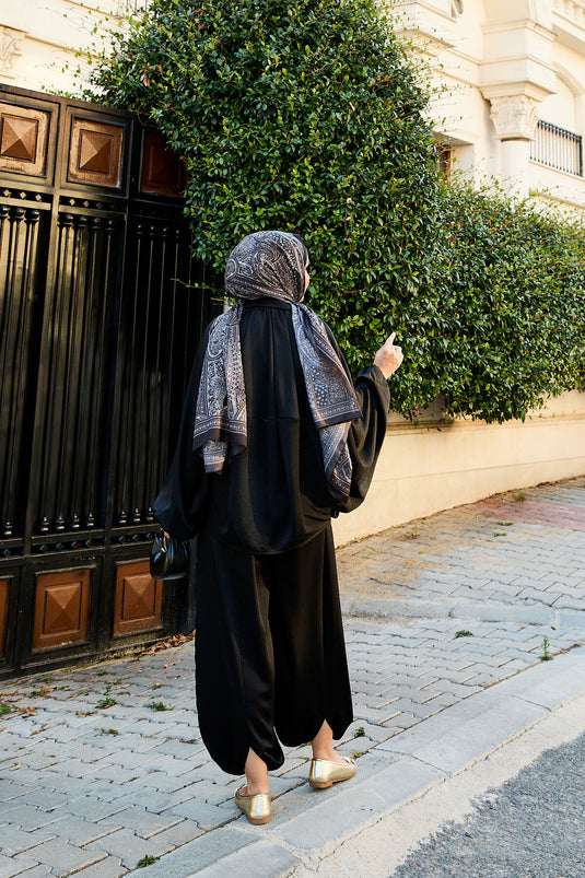 Costume deux pièces ample à manches chauve-souris et fermeture éclair, noir