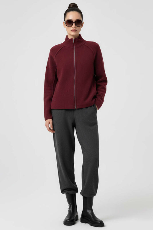 Burgunderfarbene Strickjacke mit halben Kragen und Reißverschluss