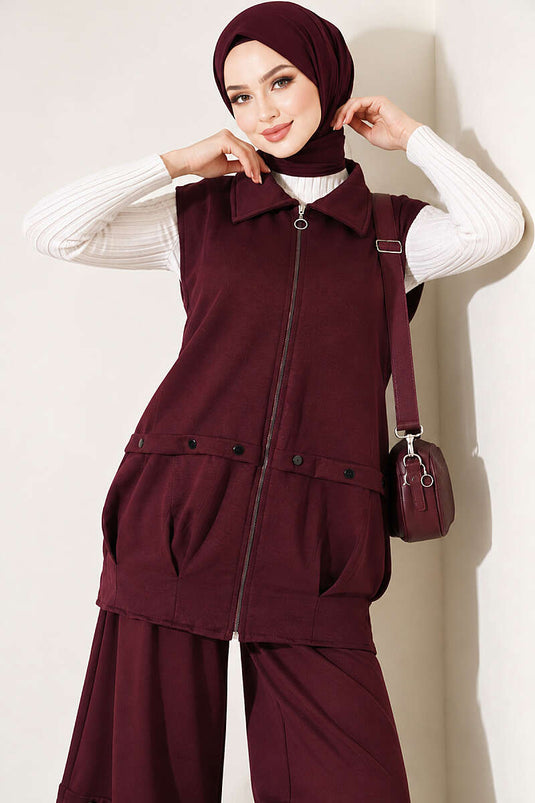Ensemble Deux Pièces Violet Avec Fermeture Éclair Et Ceinture