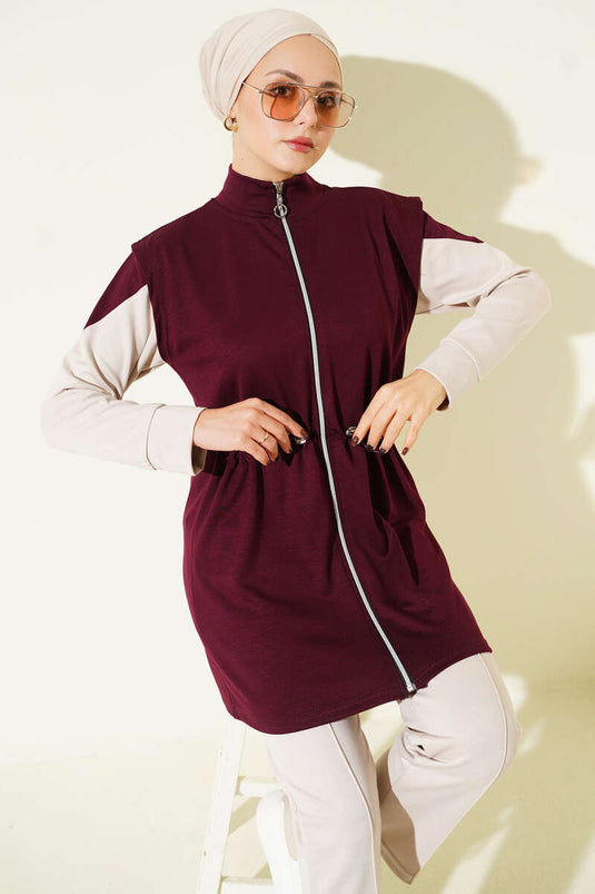 Ensemble trois pièces Loisha avec gilet zippé, bordeaux