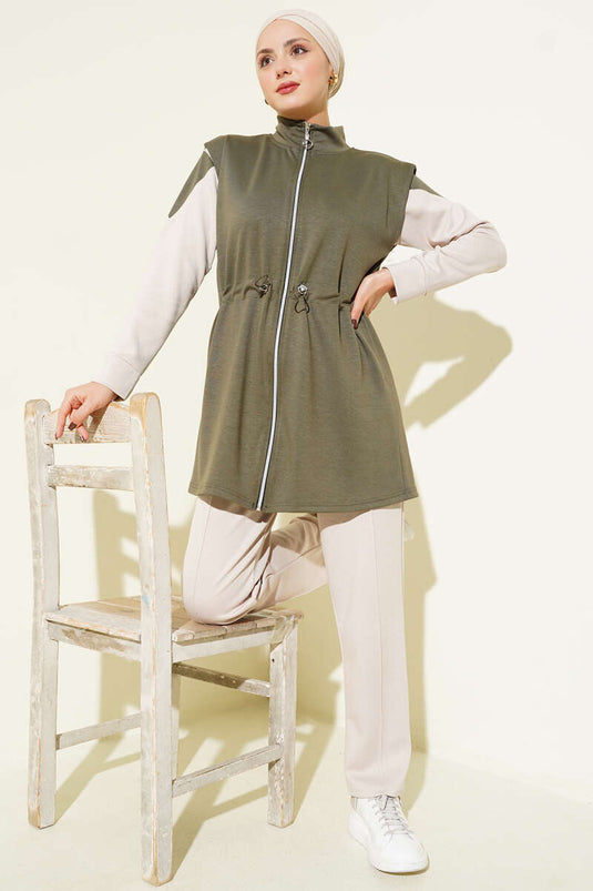 Fermuarlı Yelekli Loyşa Üçlü Takım Haki