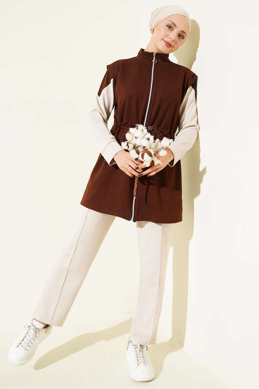 Fermuarlı Yelekli Loyşa Üçlü Takım Kahve