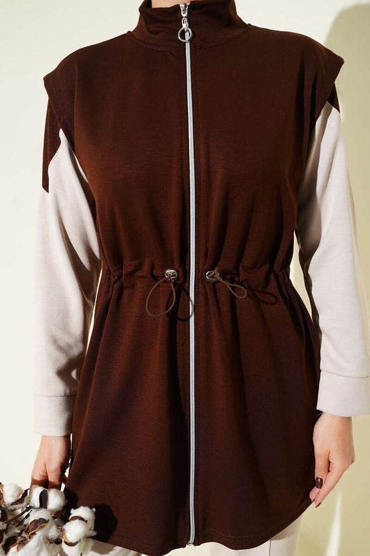 Fermuarlı Yelekli Loyşa Üçlü Takım Kahve