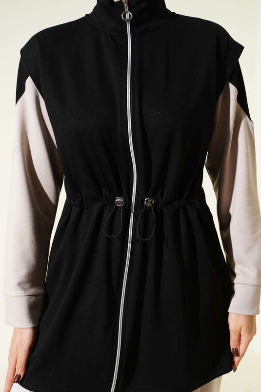 Fermuarlı Yelekli Loyşa Üçlü Takım Siyah