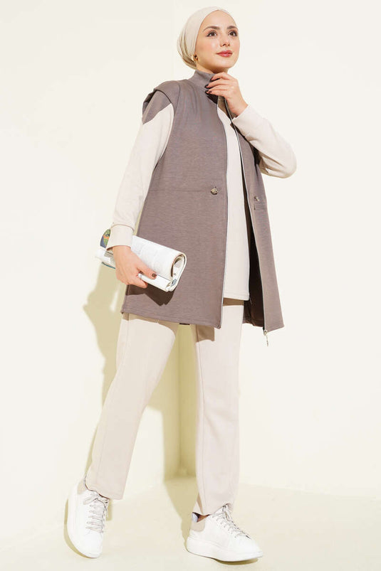 Fermuarlı Yelekli Loyşa Üçlü Takım Vizon