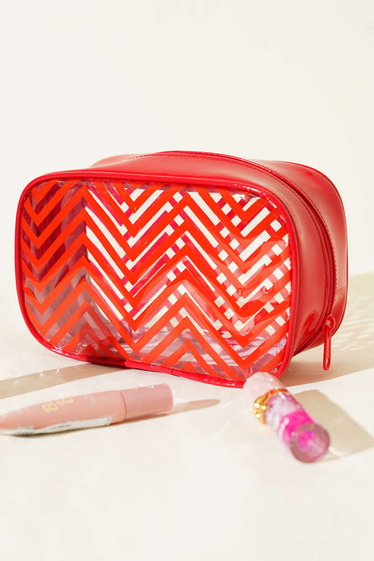 حقيبة مستحضرات تجميل بسحاب ونقشة متعرجة حمراء