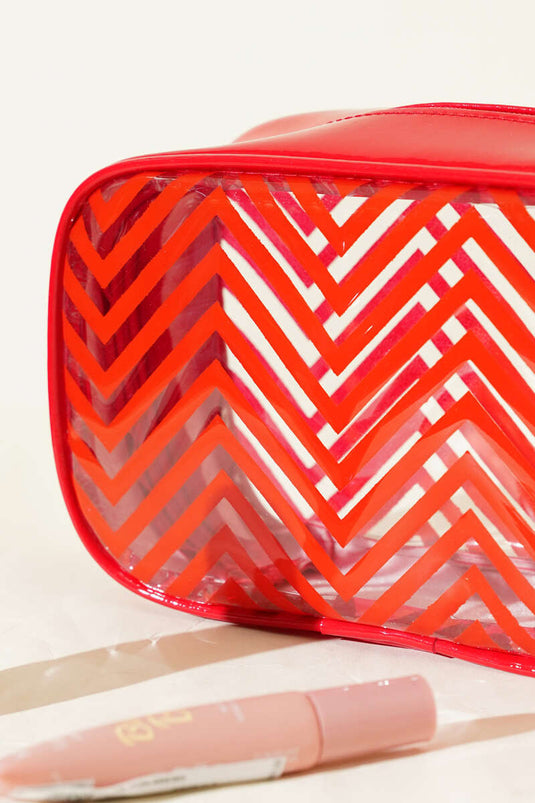 حقيبة مستحضرات تجميل بسحاب ونقشة متعرجة حمراء