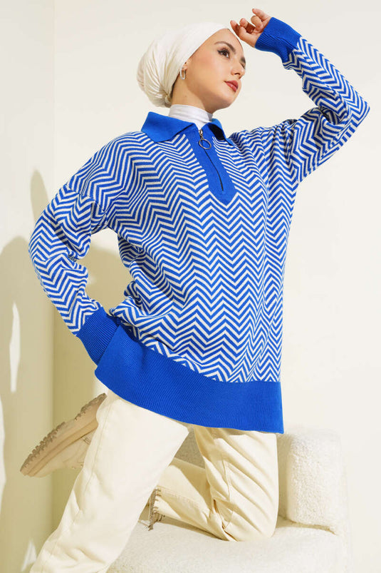 Fermuarlı Zikzak Desen Triko Tunik Saks