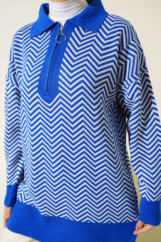 Fermuarlı Zikzak Desen Triko Tunik Saks