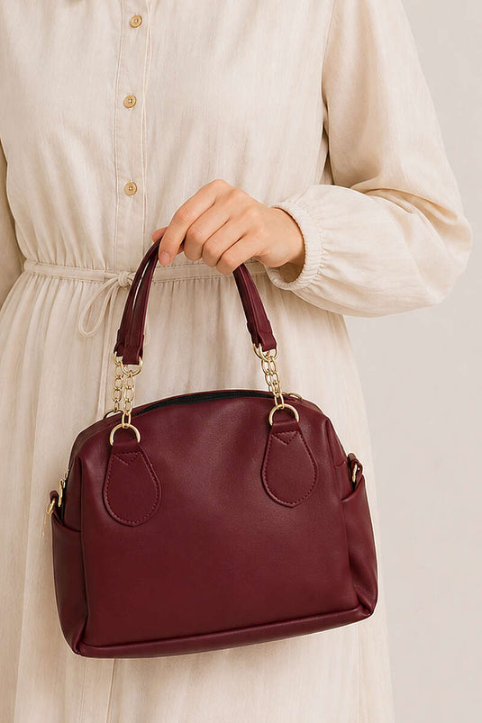 Zipper Chain Detail Women's Handbag Burgundy