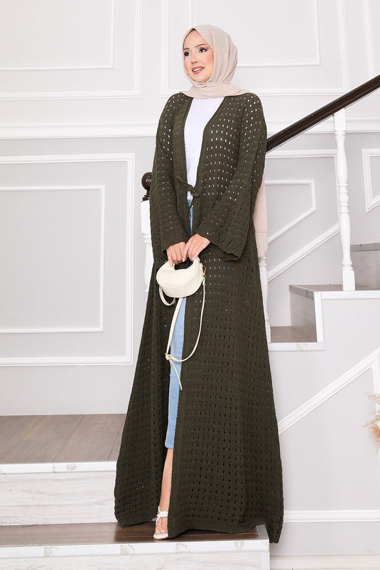 Strickjacke mit Netzdetail vorne zum Binden Khaki