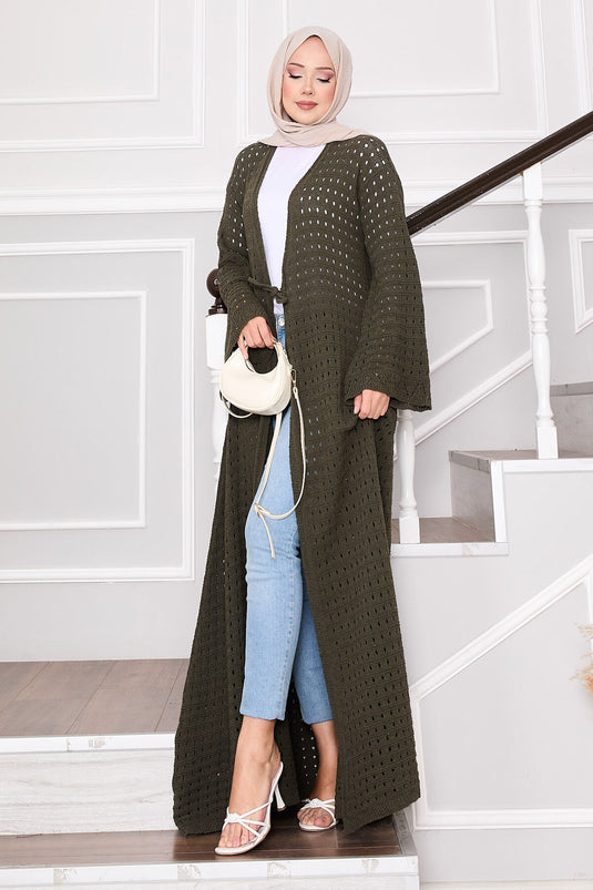 Strickjacke mit Netzdetail vorne zum Binden Khaki