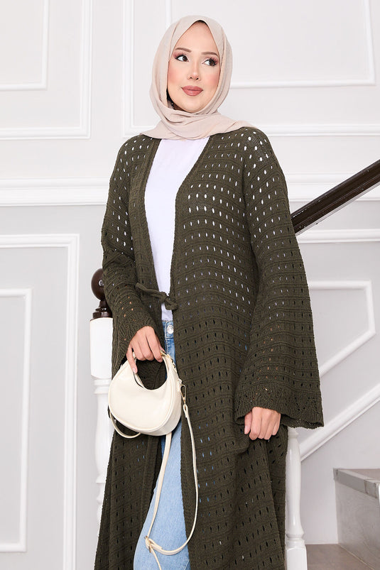 Cardigan en maille avec détails en maille et lien sur le devant, kaki