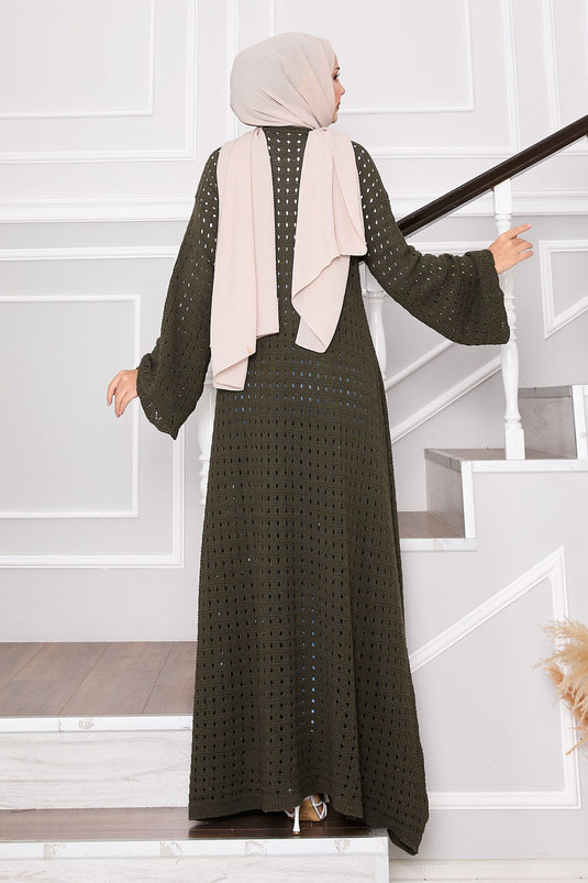 Strickjacke mit Netzdetail vorne zum Binden Khaki