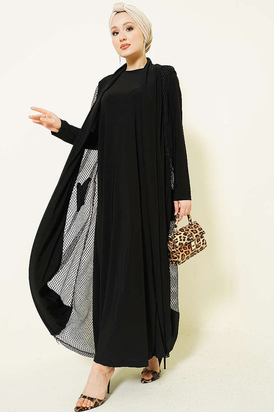 Abaya noire avec détails en filet