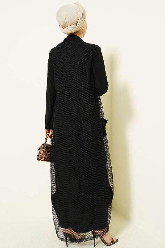 Fileli Detaylı Abaya Siyah