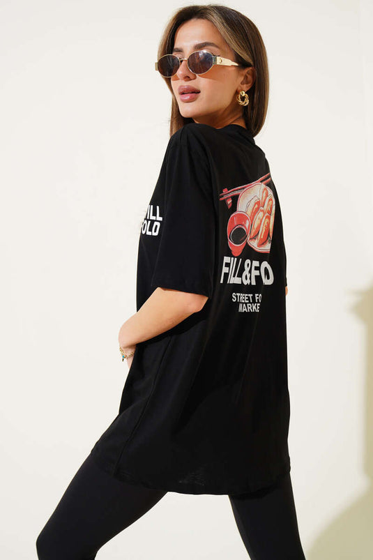 T-shirt noir imprimé à plis plats