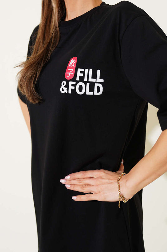 T-shirt noir imprimé à plis plats