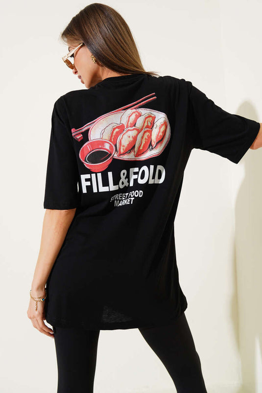 T-shirt noir imprimé à plis plats