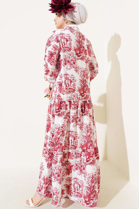 Filli Çiçek Desenli Viskon Elbise Bordo