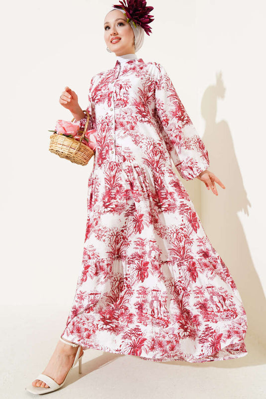 Filli Çiçek Desenli Viskon Elbise Bordo