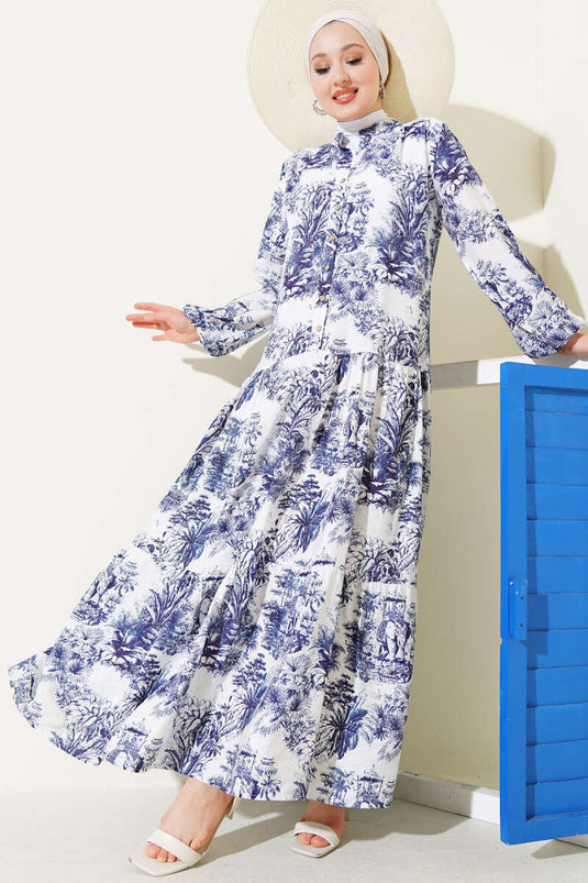 Filli Çiçek Desenli Viskon Elbise Lacivert