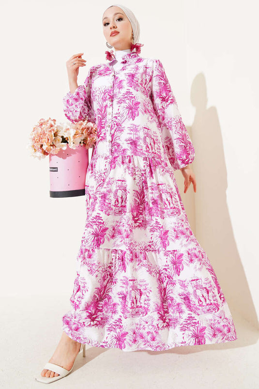 Filli Çiçek Desenli Viskon Elbise Menekşe