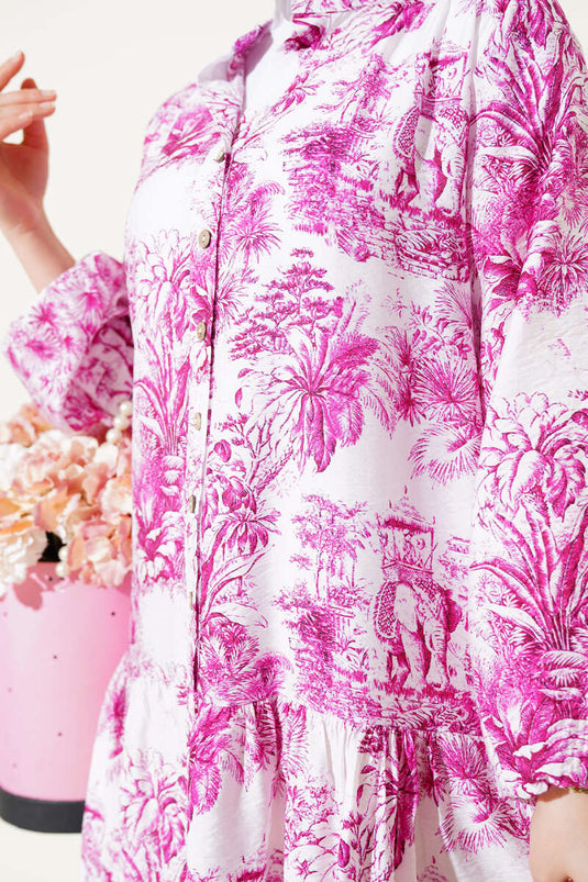 Filli Çiçek Desenli Viskon Elbise Menekşe