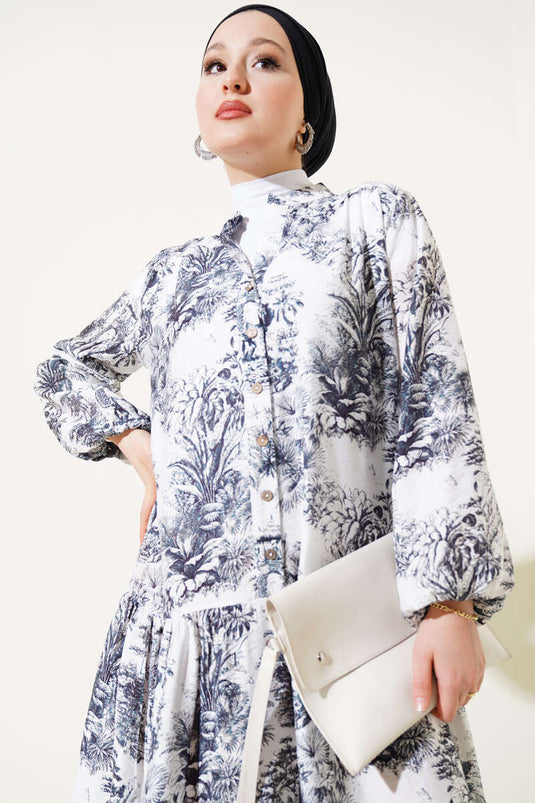 Filli Çiçek Desenli Viskon Elbise Siyah